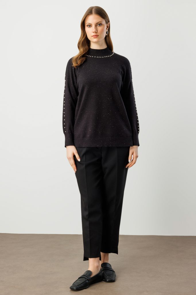 ON TRİKO Kumaşı Simli Zımba Detaylı Triko Kazak 60307 - Siyah