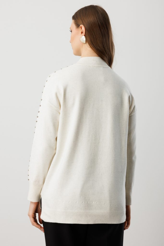 ON TRİKO Kumaşı Simli Zımba Detaylı Triko Kazak 60307 - EKRU