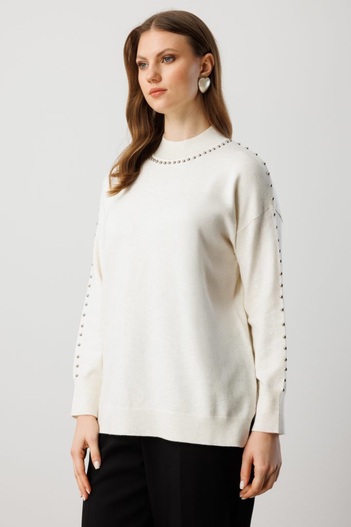 ON TRİKO Kumaşı Simli Zımba Detaylı Triko Kazak 60307 - EKRU