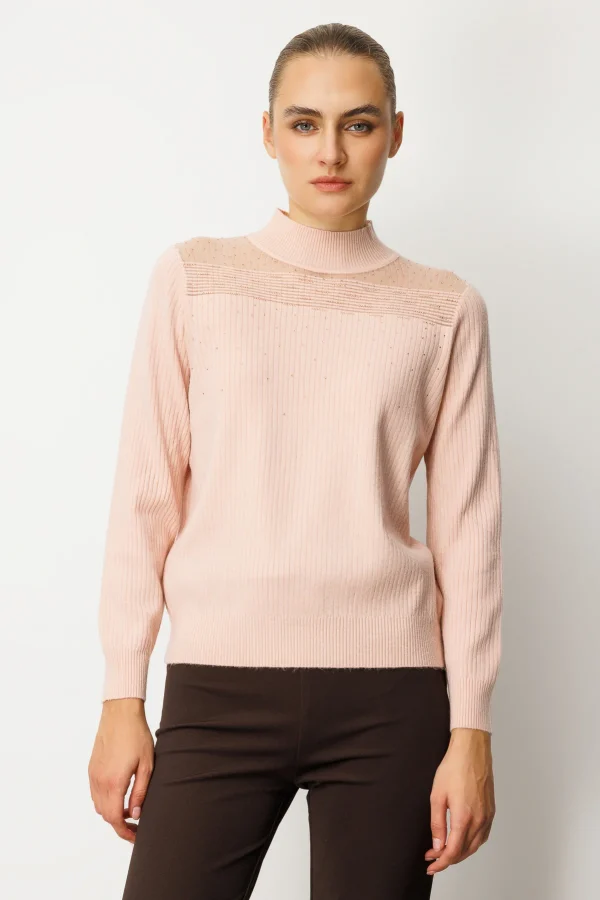 ON TRİKO Yakası Tül Detaylı Taşlı Triko Kazak 60343