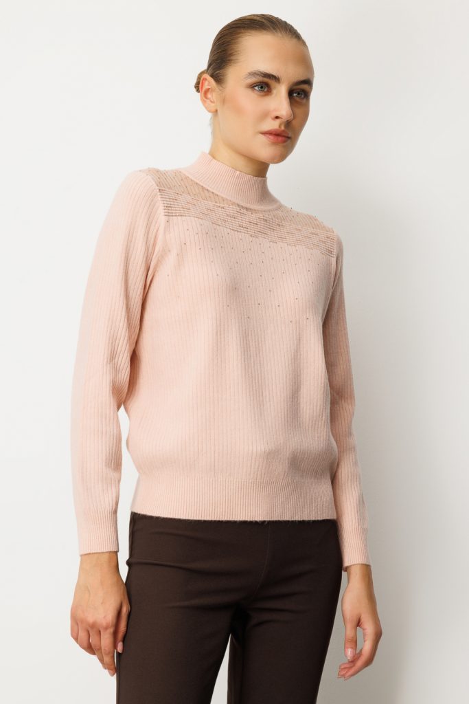 ON TRİKO Yakası Tül Detaylı Taşlı Triko Kazak 60343 - pembe