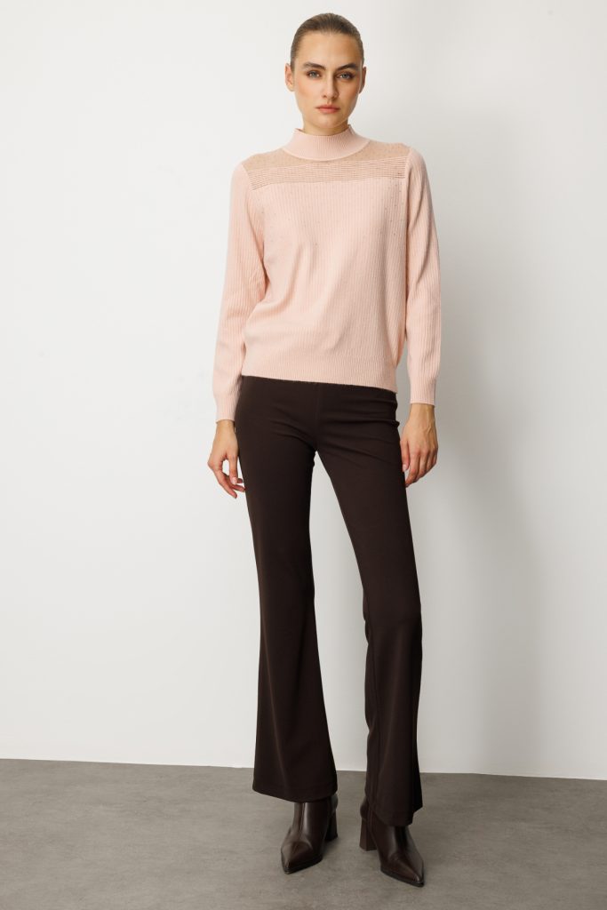 ON TRİKO Yakası Tül Detaylı Taşlı Triko Kazak 60343 - pembe