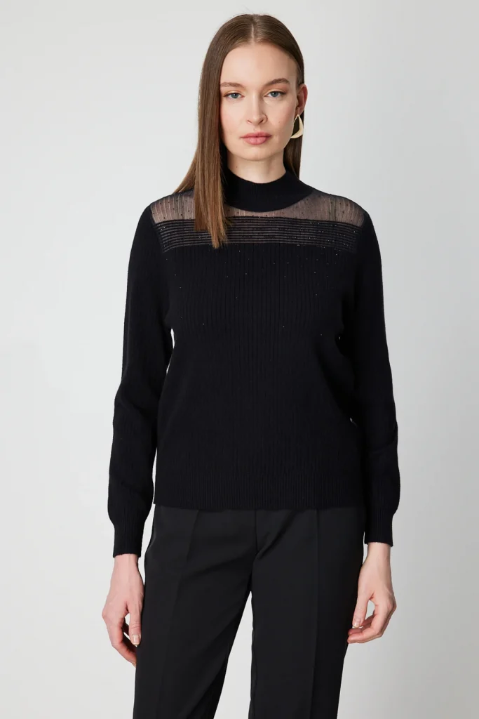 ON TRİKO Yakası Tül Detaylı Taşlı Triko Kazak 60343 - Siyah