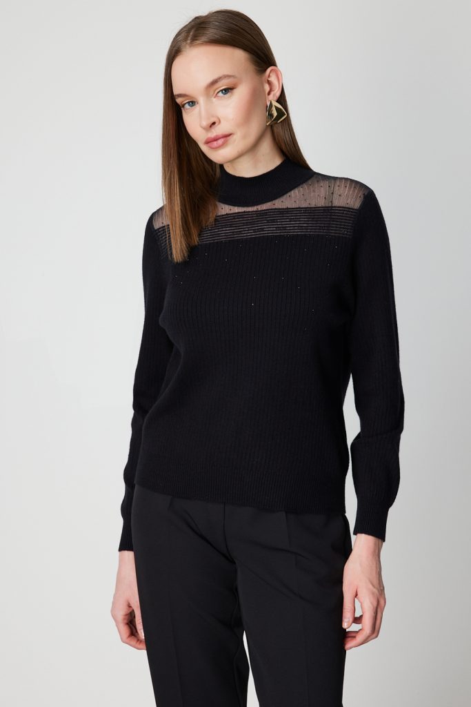 ON TRİKO Yakası Tül Detaylı Taşlı Triko Kazak 60343 - Siyah