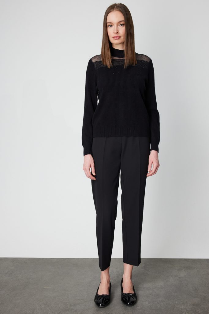 ON TRİKO Yakası Tül Detaylı Taşlı Triko Kazak 60343 - Siyah