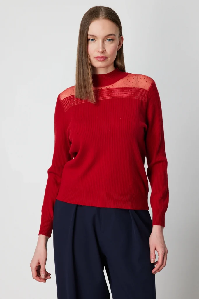 ON TRİKO Yakası Tül Detaylı Taşlı Triko Kazak 60343 - KIRMIZI