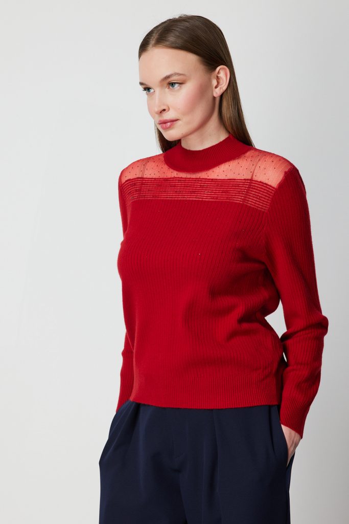 ON TRİKO Yakası Tül Detaylı Taşlı Triko Kazak 60343 - KIRMIZI
