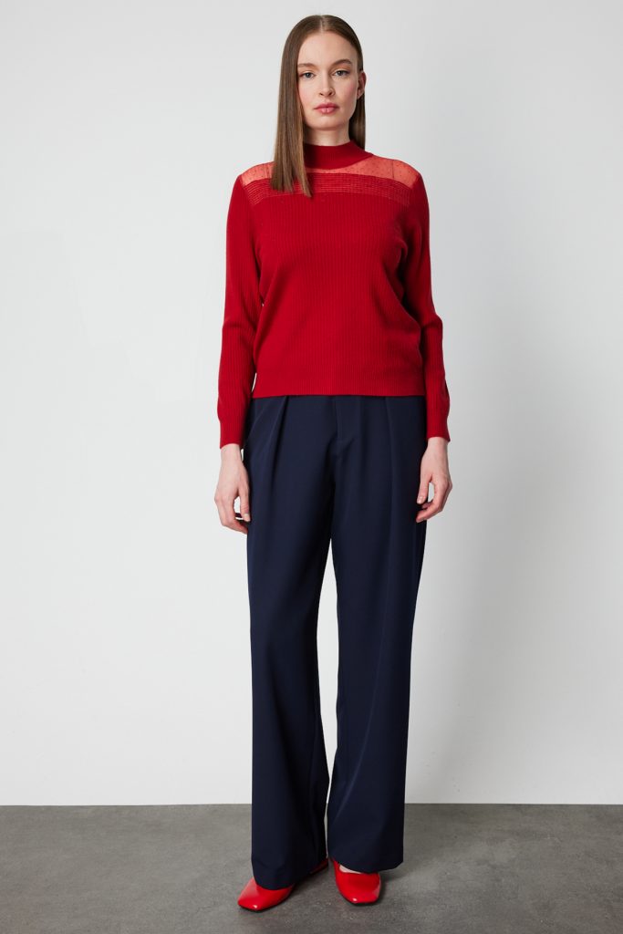 ON TRİKO Yakası Tül Detaylı Taşlı Triko Kazak 60343 - KIRMIZI