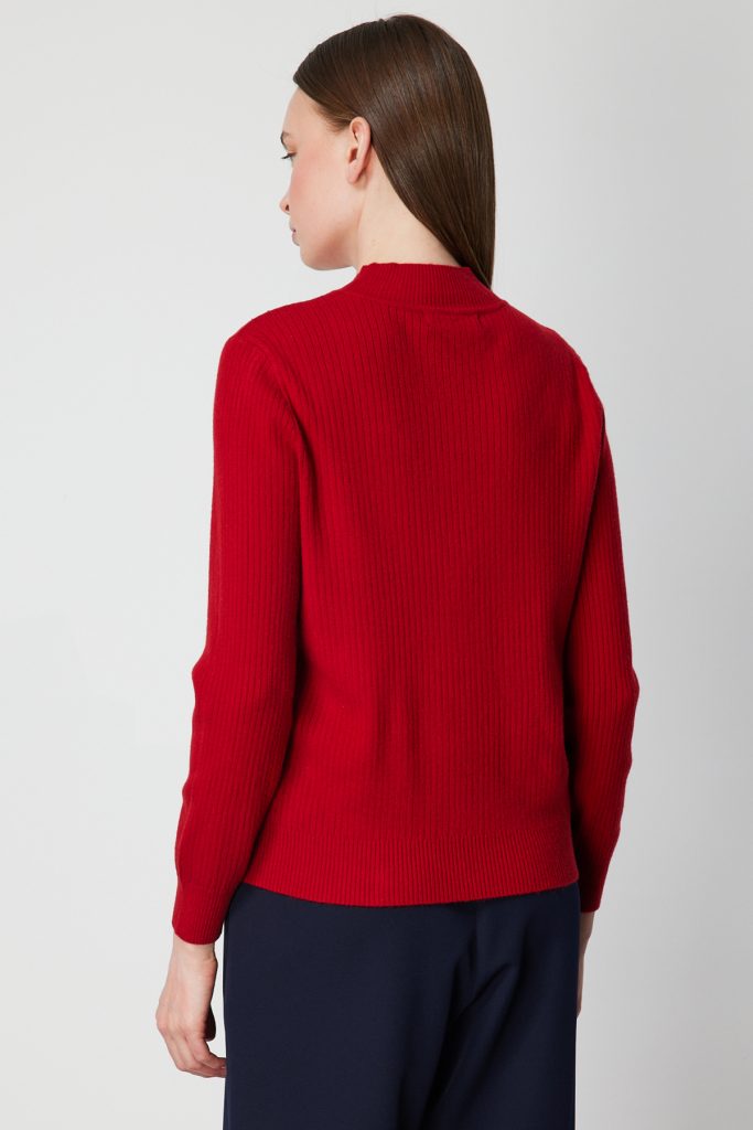 ON TRİKO Yakası Tül Detaylı Taşlı Triko Kazak 60343 - KIRMIZI