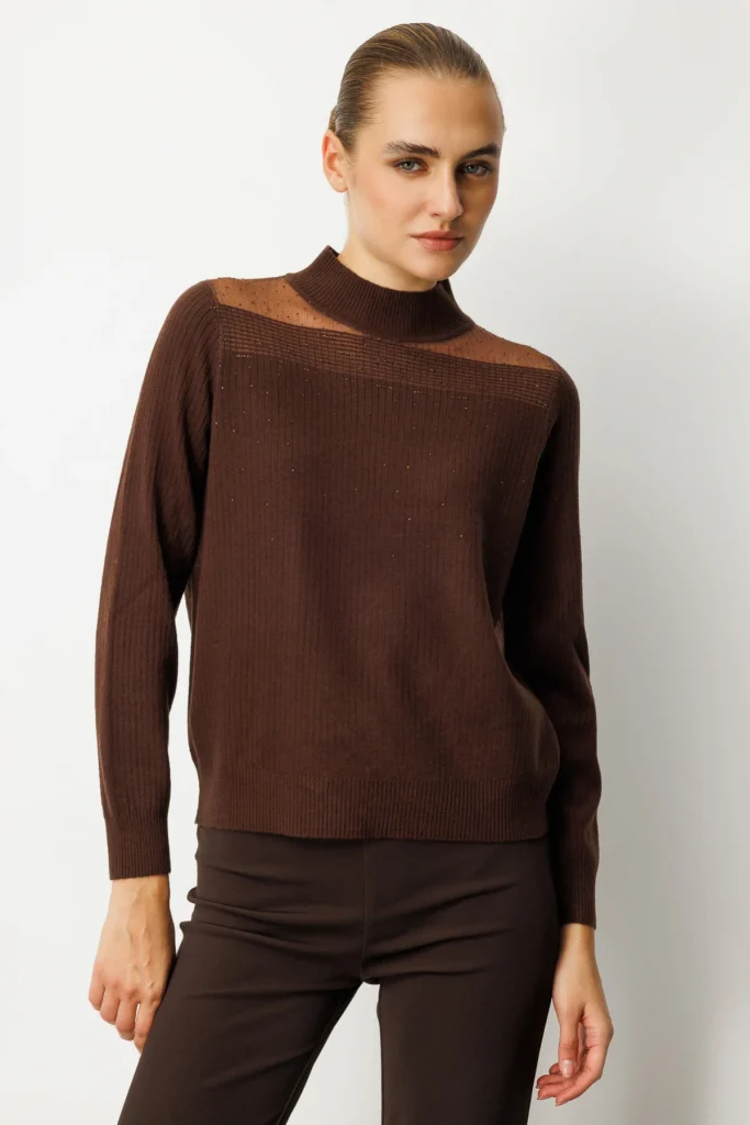 ON TRİKO Yakası Tül Detaylı Taşlı Triko Kazak 60343 - kahve