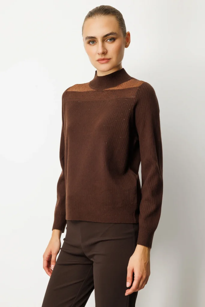 ON TRİKO Yakası Tül Detaylı Taşlı Triko Kazak 60343 - kahve