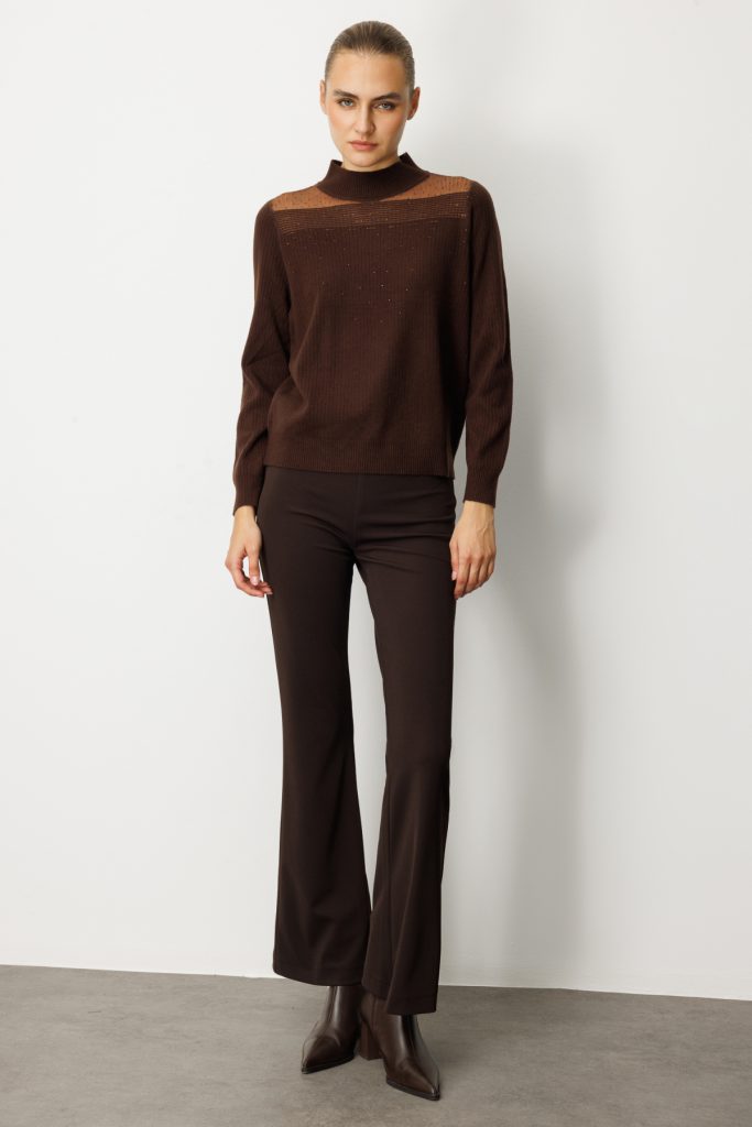 ON TRİKO Yakası Tül Detaylı Taşlı Triko Kazak 60343 - kahve