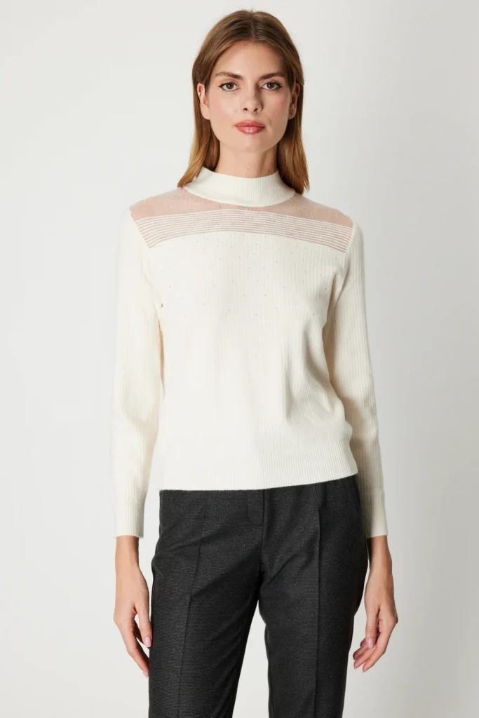 ON TRİKO Yakası Tül Detaylı Taşlı Triko Kazak 60343 - BEJ