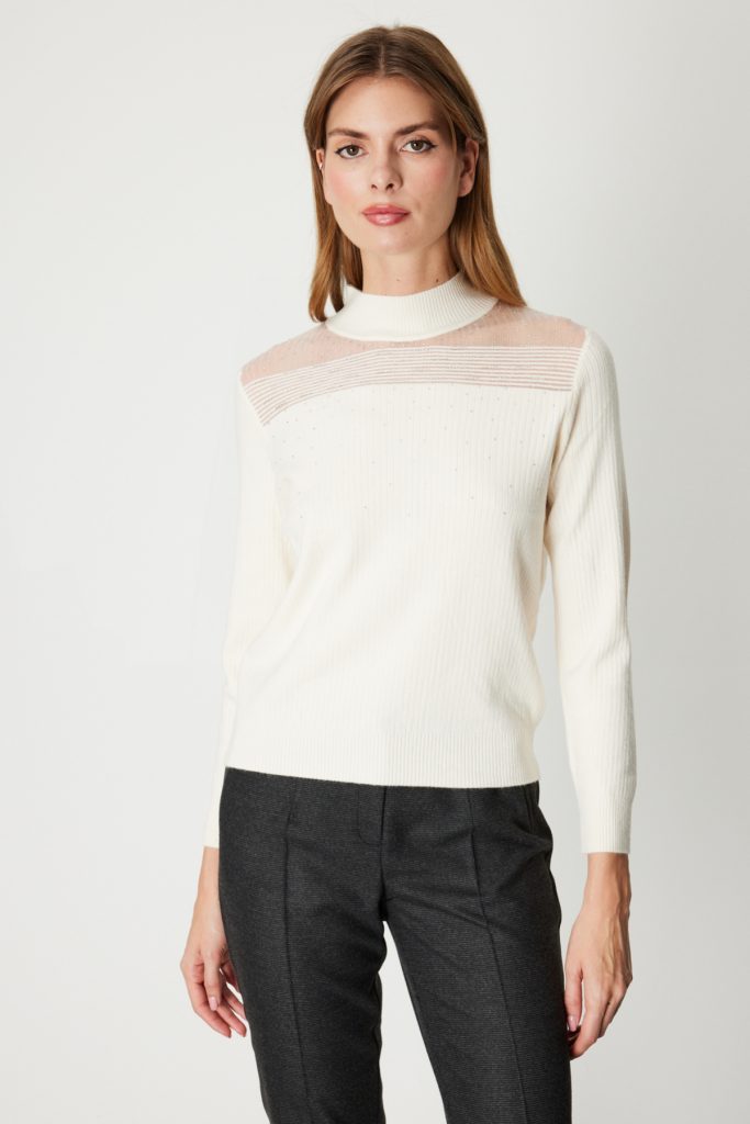 ON TRİKO Yakası Tül Detaylı Taşlı Triko Kazak 60343 - BEJ