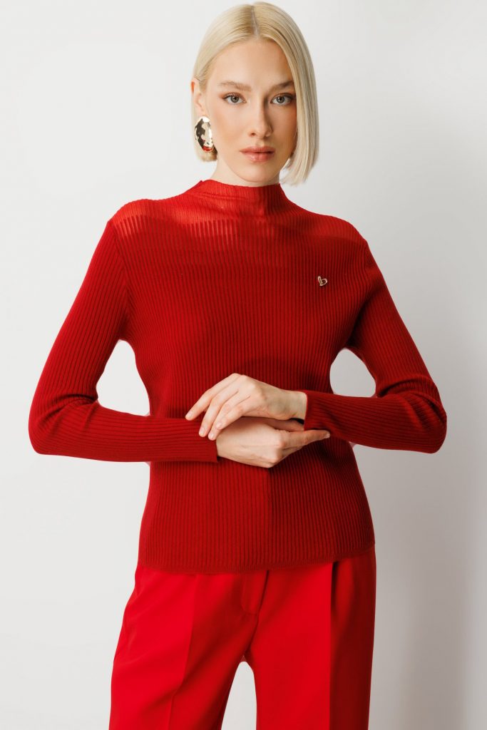 ON TRİKO Aksesuar Detaylı Triko Kazak  60346 - KIRMIZI