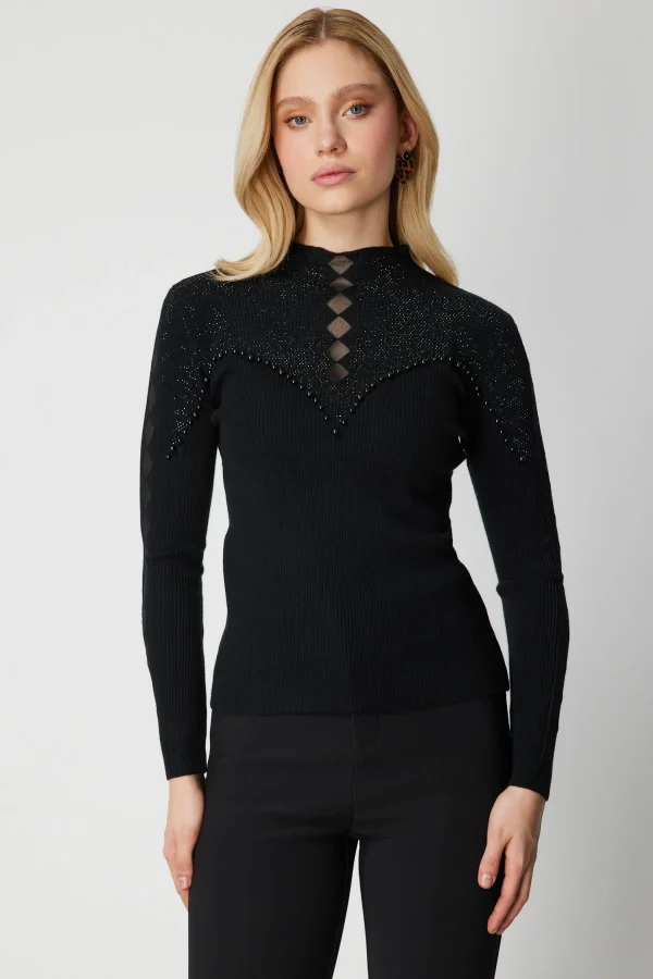 ON TRİKO Yakası Taşlı Dik Yaka Triko Kazak 60386