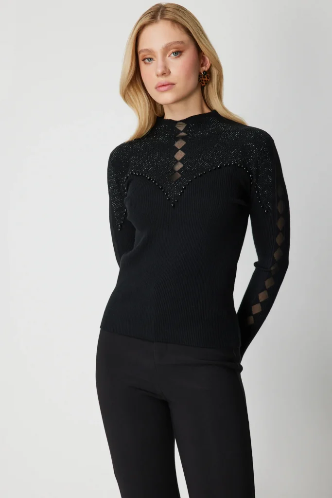 ON TRİKO Yakası Taşlı Dik Yaka Triko Kazak 60386 - Siyah
