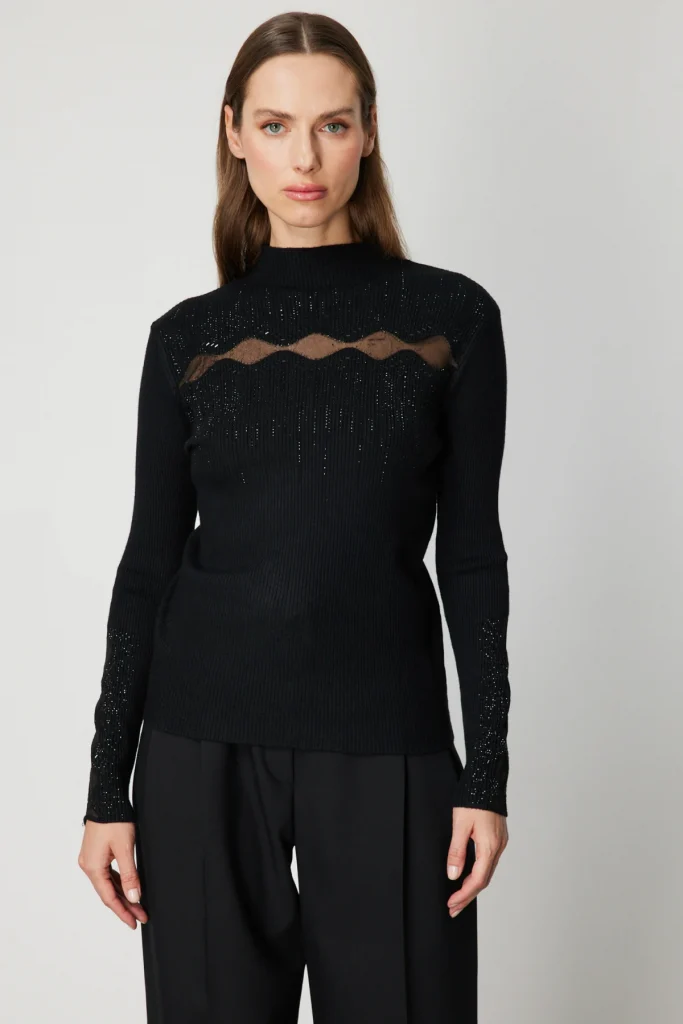 ON TRİKO Transparan Detaylı Taşlı Triko Kazak 60387 - Siyah