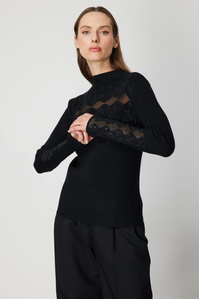 ON TRİKO Transparan Detaylı Taşlı Triko Kazak 60387 - Siyah