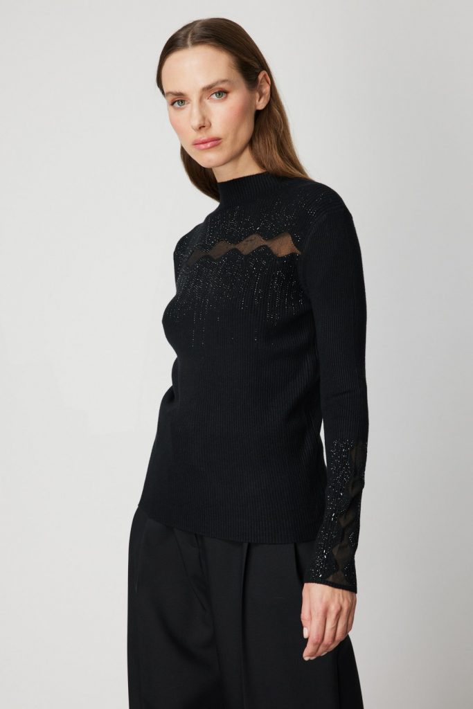 ON TRİKO Transparan Detaylı Taşlı Triko Kazak 60387 - Siyah