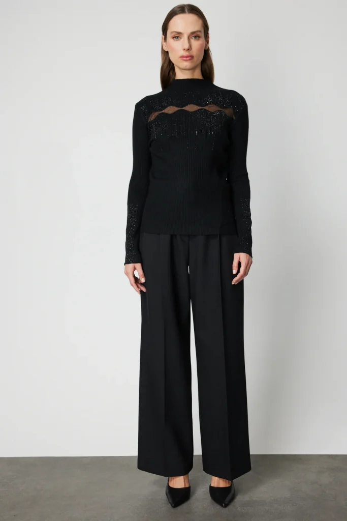ON TRİKO Transparan Detaylı Taşlı Triko Kazak 60387 - Siyah
