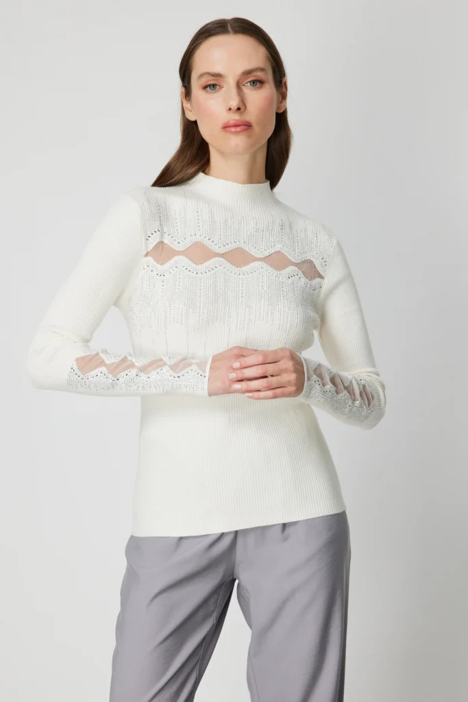 ON TRİKO Transparan Detaylı Taşlı Triko Kazak 60387 - EKRU