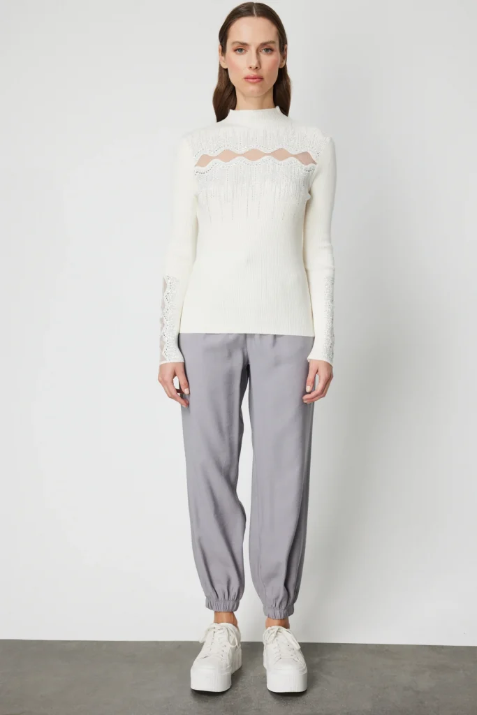 ON TRİKO Transparan Detaylı Taşlı Triko Kazak 60387 - EKRU