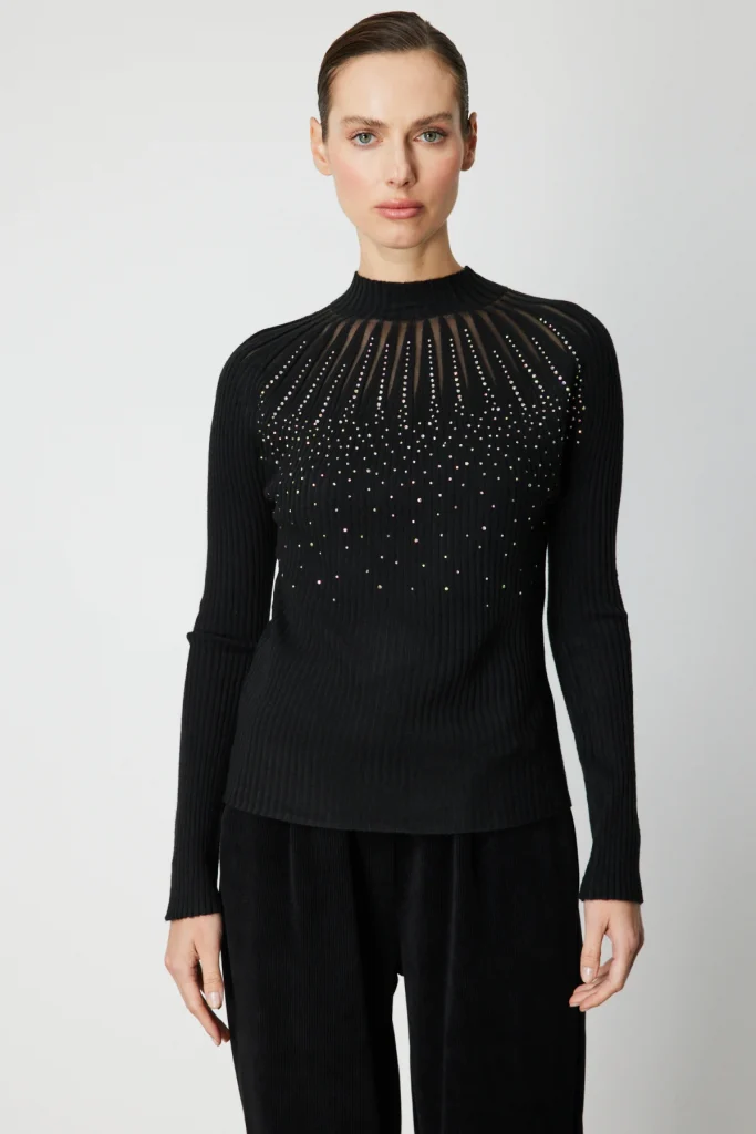 ON TRİKO Önü Taşlı Dik Yaka Triko Kazak 60388 - Siyah