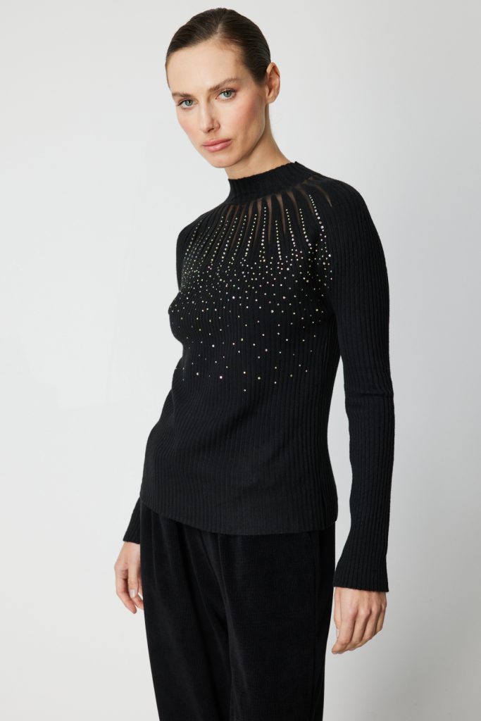 ON TRİKO Önü Taşlı Dik Yaka Triko Kazak 60388 - Siyah