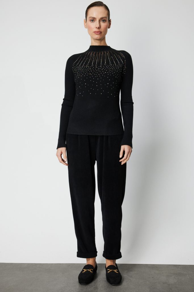 ON TRİKO Önü Taşlı Dik Yaka Triko Kazak 60388 - Siyah