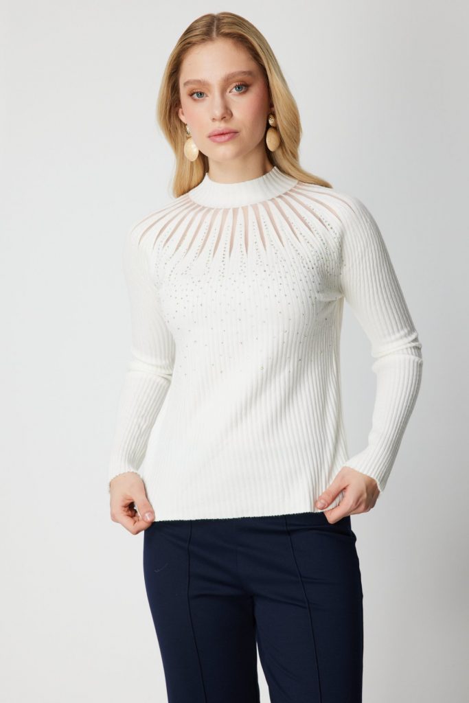 ON TRİKO Önü Taşlı Dik Yaka Triko Kazak 60388 - EKRU