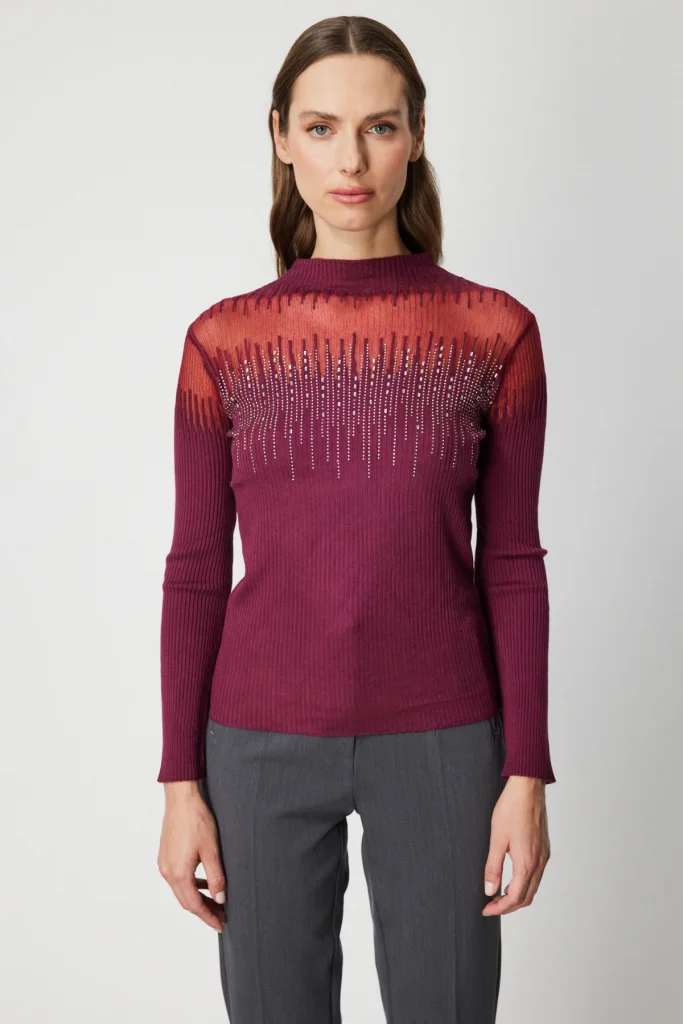 ON TRİKO Transparan Detaylı Taşlı Triko Kazak 60390 - bordo