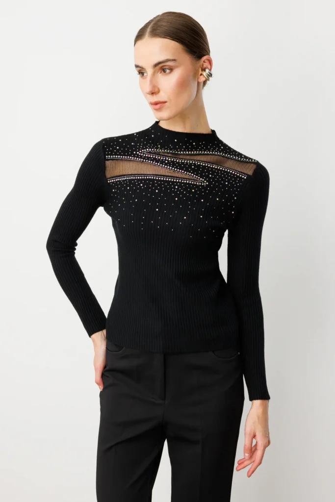 ON TRİKO Transparan Detaylı Dik Yaka Triko Kazak 60391 - Siyah