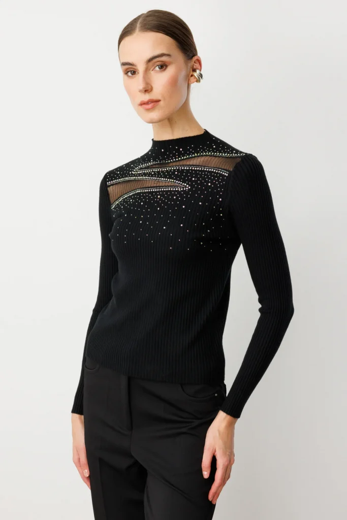 ON TRİKO Transparan Detaylı Dik Yaka Triko Kazak 60391 - Siyah