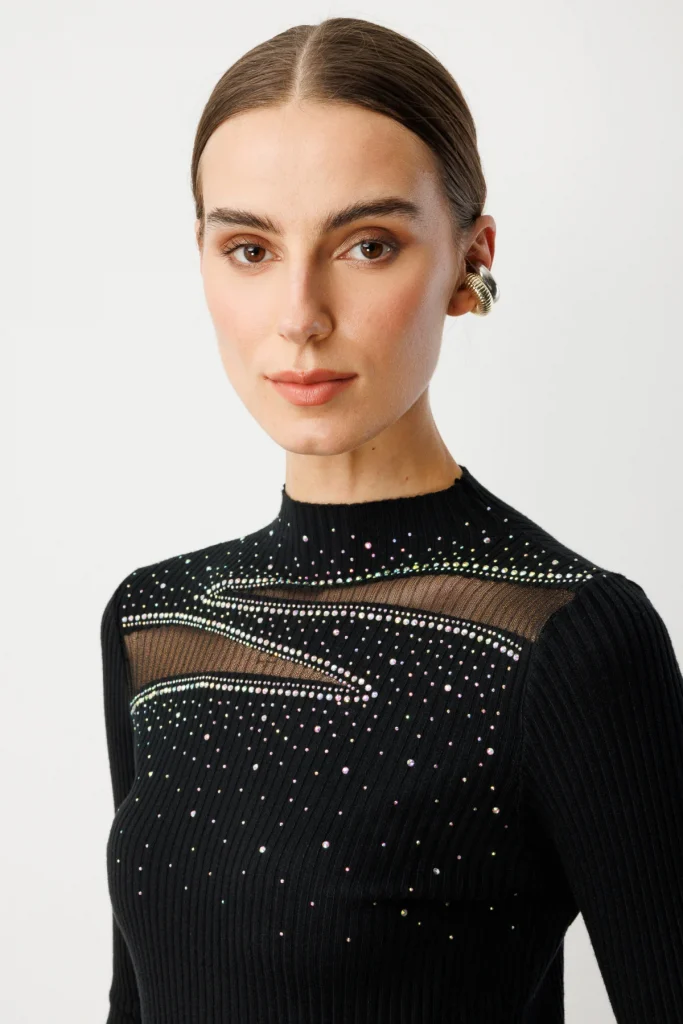 ON TRİKO Transparan Detaylı Dik Yaka Triko Kazak 60391 - Siyah