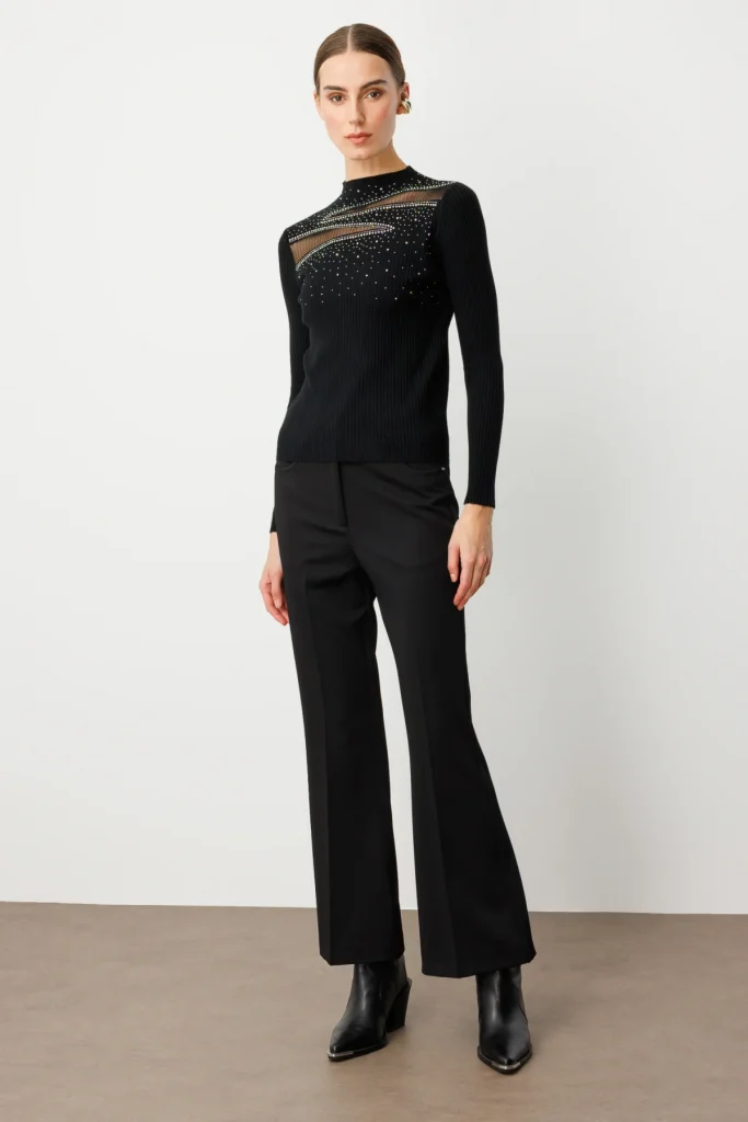 ON TRİKO Transparan Detaylı Dik Yaka Triko Kazak 60391 - Siyah