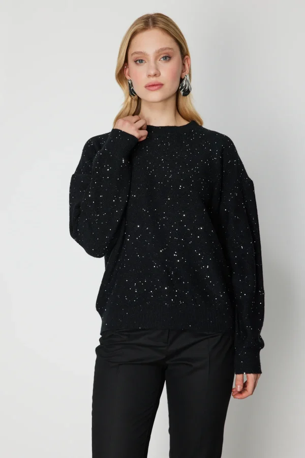 ON TRİKO Simli Kumaş Sıfır Yaka Triko Kazak 60435