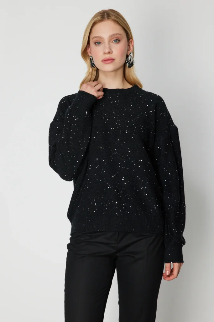 ON TRİKO Simli Kumaş Sıfır Yaka Triko Kazak 60435 - Siyah