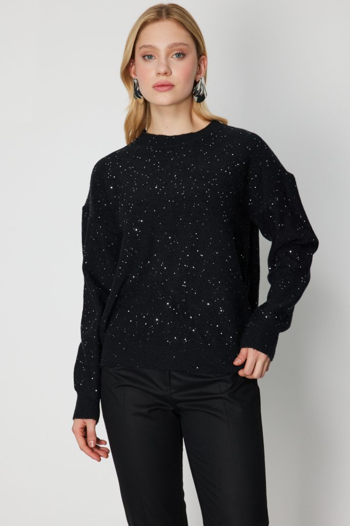 ON TRİKO Simli Kumaş Sıfır Yaka Triko Kazak 60435 - Siyah