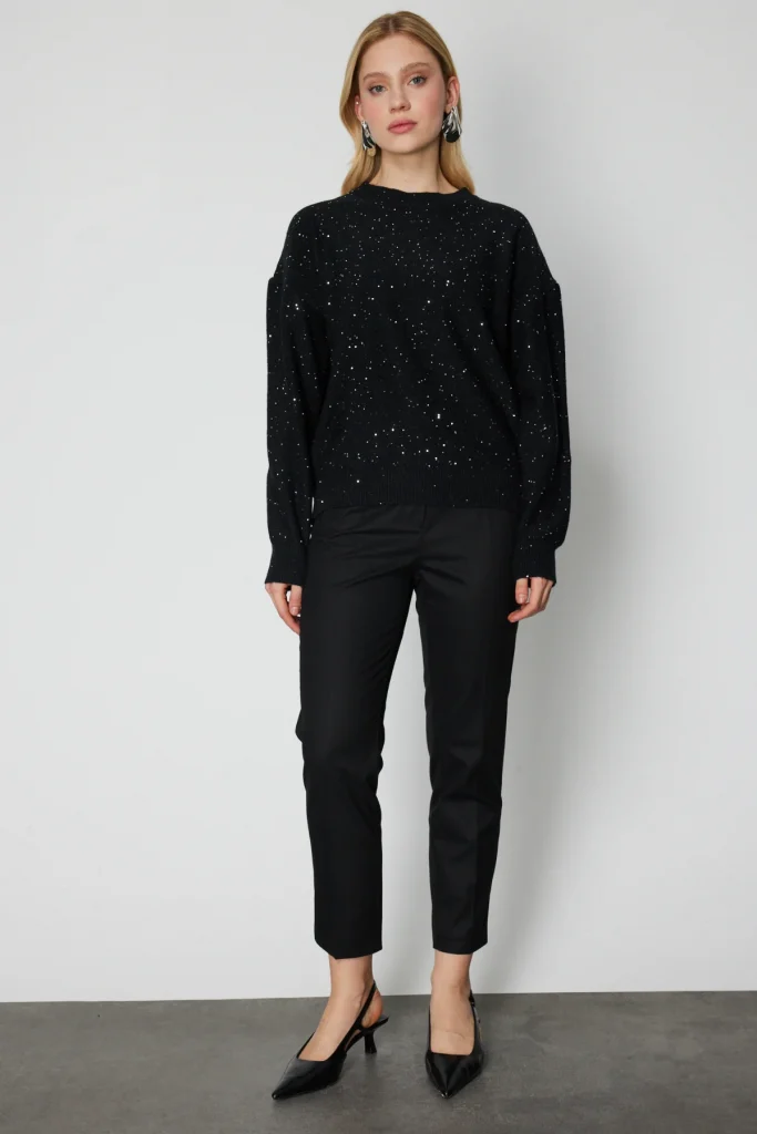 ON TRİKO Simli Kumaş Sıfır Yaka Triko Kazak 60435 - Siyah