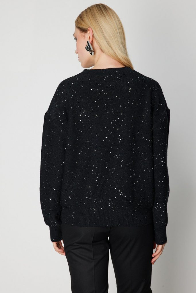 ON TRİKO Simli Kumaş Sıfır Yaka Triko Kazak 60435 - Siyah