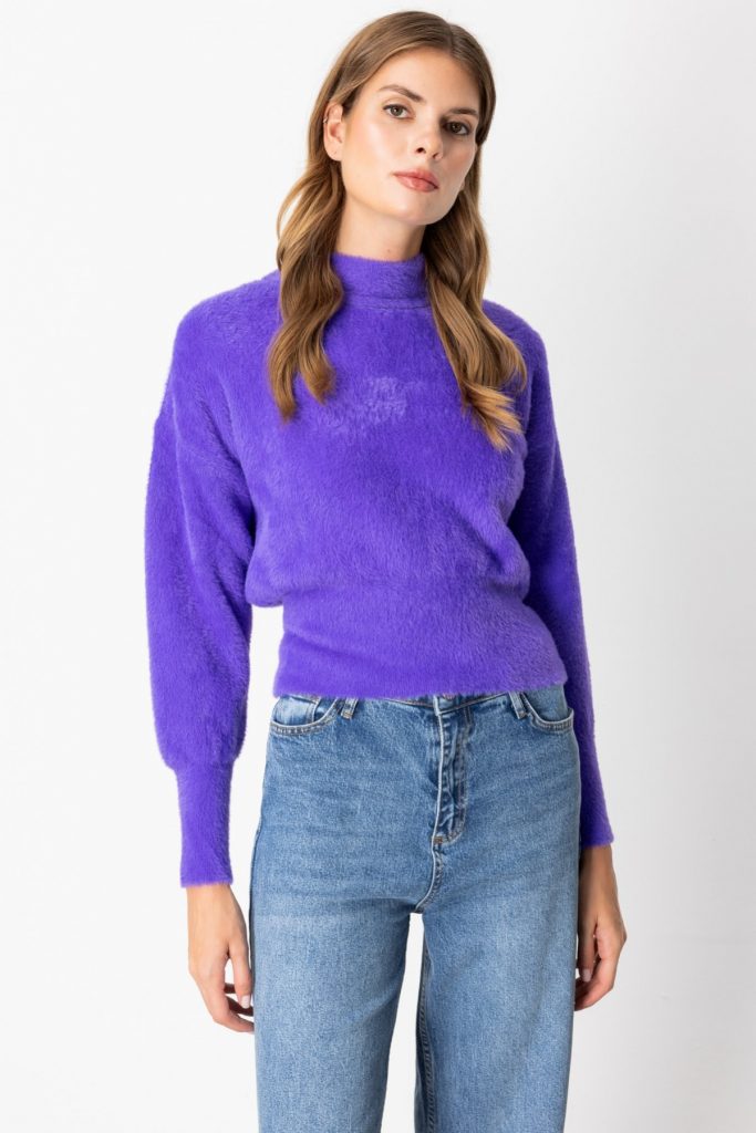 ON TRİKO Dik Yaka Peluş Kazak 63313 - Mor