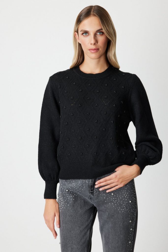 ON TRİKO Sim Detaylı İncili Kazak  63316 - Siyah