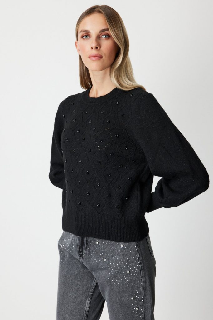 ON TRİKO Sim Detaylı İncili Kazak  63316 - Siyah