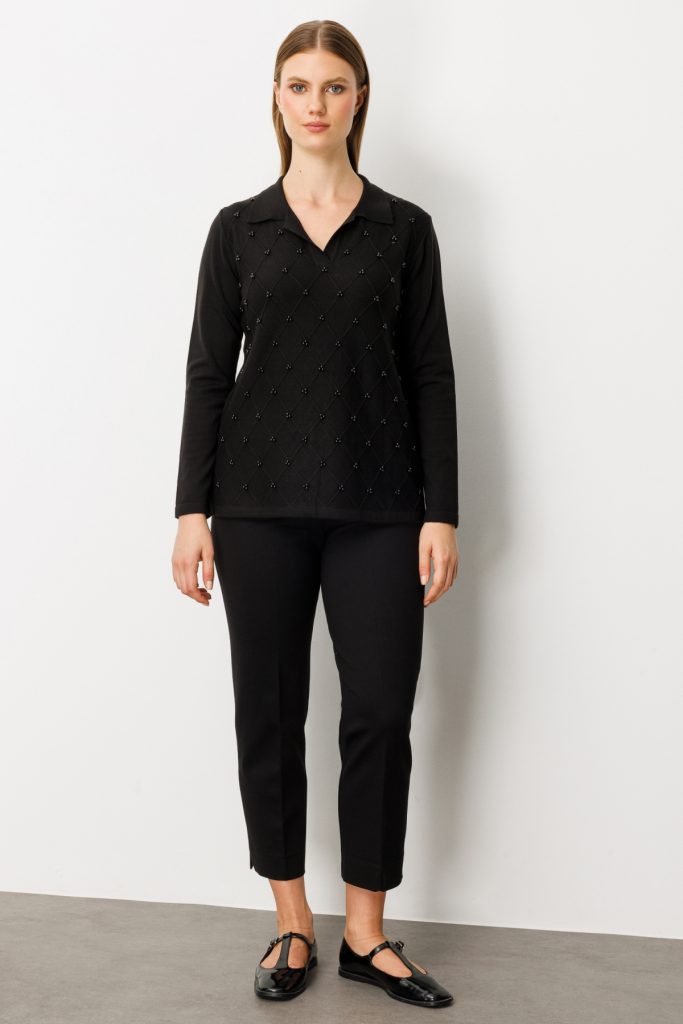 ON TRİKO İnci Detaylı Polo Yaka Triko Kazak 63381 - Siyah