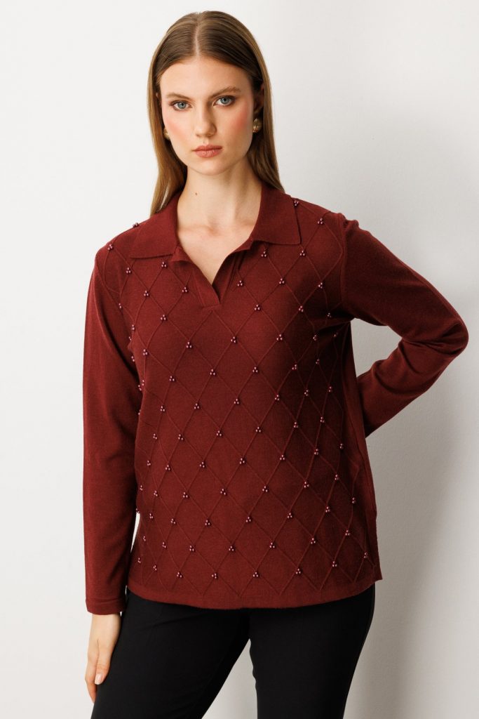ON TRİKO İnci Detaylı Polo Yaka Triko Kazak 63381 - bordo