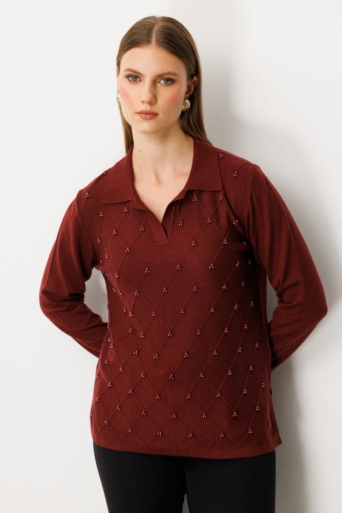 ON TRİKO İnci Detaylı Polo Yaka Triko Kazak 63381 - bordo