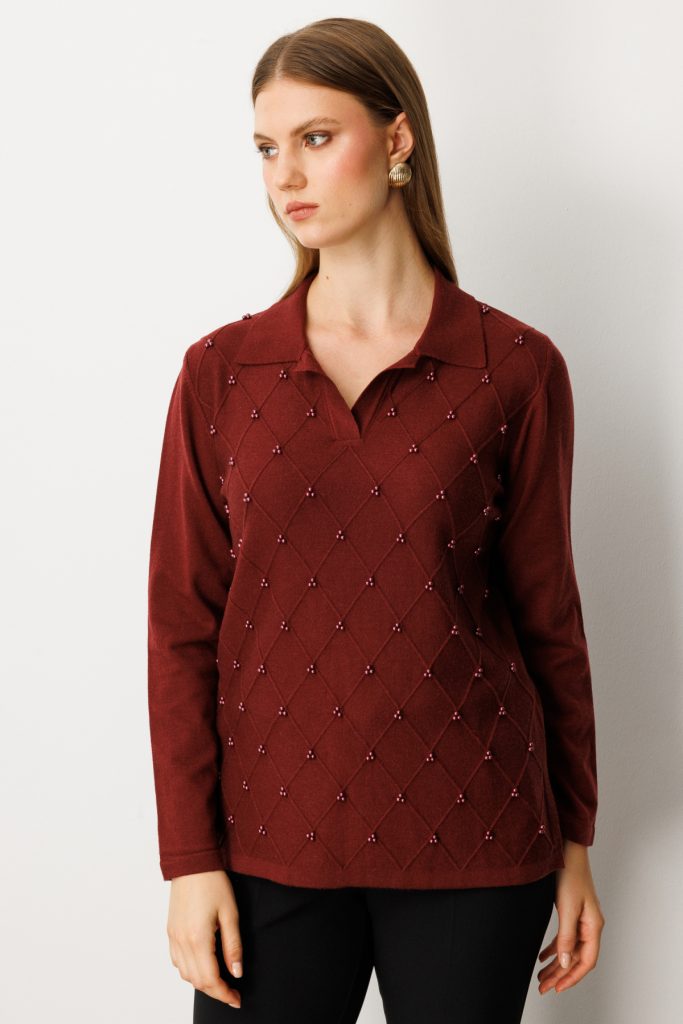 ON TRİKO İnci Detaylı Polo Yaka Triko Kazak 63381 - bordo