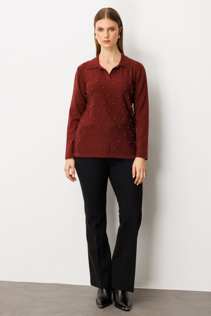 ON TRİKO İnci Detaylı Polo Yaka Triko Kazak 63381 - bordo