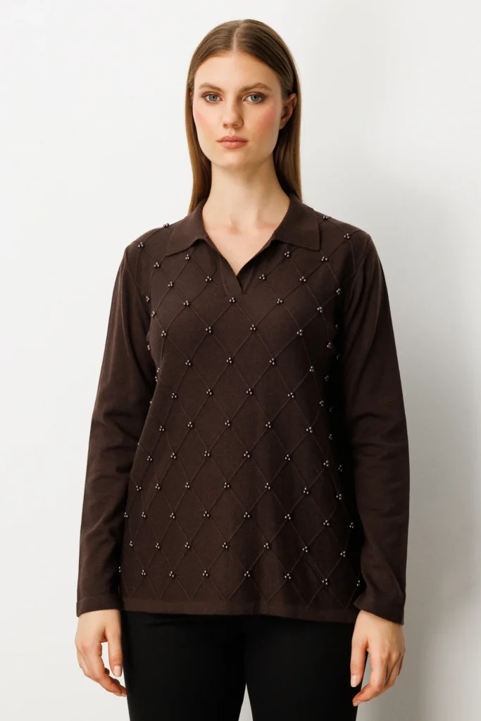 ON TRİKO İnci Detaylı Polo Yaka Triko Kazak 63381 - kahve